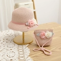 Ensemble chapeau de paille rose et sac à fleurs pour femmes et filles en été - Ensemble / Rose