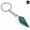 Conical green striped malachite stone keychain with silver metal ring and chain link - Malachite