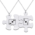 Silver puzzle piece necklaces for couples featuring King and Queen poker card engravings - Silver K & Q Necklace Set