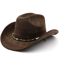 Brauner Western Cowboyhut aus Wildlederimitat mit böhmischem Perlenband auf weißem Grund - M (56-58cm) / Kaffeebraun