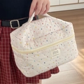 Gewatteerde witte make-uptas met kleurrijke polkadots en strikjes met handvat - Roze Polka Dot Boog [Cosmetische Tas]