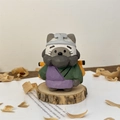 Hand-carved wooden cat figurine in oriental general armor on a rustic wood base - Monk Sha