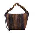 Borsa tote in lana a righe con sfumature marroni e blu e manico arricciato morbido - Cuoio