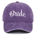 Detail shot of white Bride embroidery on a vintage purple washed cotton baseball cap - BRIDE / Purple