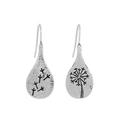 Vintage silver teardrop hook earrings with matte finish and dandelion flower engraving - Vintage Dandelion Waterdrop Style (M-006)