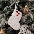 White knitted Christmas stocking with red embroidered letter T and Santa hat detail - Embroidered Knitted Small Sock White T