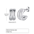 Detail showing dimensions 14.7mm x 8.6mm and 10g weight of stainless steel C-shape earrings - Silver