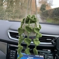 Handmade crochet hanging plant car ornament with green heart leaves and beige pot - Green + White Hanging Style