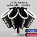 Black 24-rib automatic folding umbrella with reinforced windproof frame and safety reflective strip - [24-rib Double-rib + Reinforced Version] 1212k Reverse Fully Automatic Umbrella - Obsidian Black / Gift Box Not Included