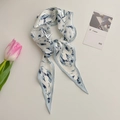French style silk twilly with blue abstract floral print on a white satin finish - Light Grey Blue Abstract