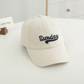 Detailed close-up of Sunday letter embroidery on a beige canvas baseball cap - 52CM (2-6 Years) / White