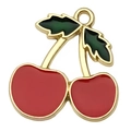 Red enamel cherry pendant with green leaves and gold plated metal for DIY jewelry making - Cherry 22x21mm