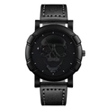 Montre homme punk gothique noire avec cadran tête de mort 3D et bracelet en cuir - Montre Noire Uniquement