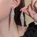 Elegant long fringe drop earrings featuring multi-color rhinestones and luxury finish - Gold Iridescent Long Tassel Style (DTE1616806GL-WAB)