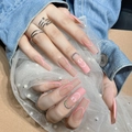 Uñas postizas mate rosa de forma cuadrada larga con caras sonrientes y pedrería de color - Estilo con Pegamento (SGCY-74)