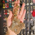 Champagne gold Shiba Inu keychain with sparkling rhinestones, bell and tassel - Caramel color