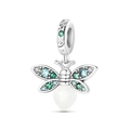 Vue détaillée du pendentif luciole en argent avec pierres colorées et perle blanche - Pendentif Lumineux Luciole Verte