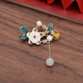 Elegant gold Chinese style brooch with white flower, green leaves and hanging jade bead - 370# Vintage Accessory