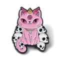 Pink devil cat enamel pin with skull collar and white bone details on white base - Devil Pink Cat