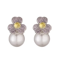Exquisite pearl flower earrings with purple cubic zirconia and yellow center stone - Silver Purple Stone
