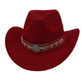 Macro shot of dark red felt cowboy hat with star studded leather band and floral buckle - Burgundy