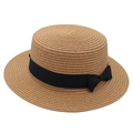 Flat top straw sun hat with black ribbon and bow accent in a classic French style - Adult (56-58cm) / Khaki