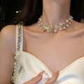 Double-layer pearl choker with sparkling rhinestone bow pendant on elegant model - 6# Necklace - Pearl Bow Style