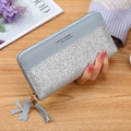 Long zipper wallet in light blue leather with silver sequins and a matching tassel charm - Light Blue