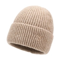 Beige knitted beanie with WY embroidery, warm ribbed winter hat for men and women - One Size / Deep Beige