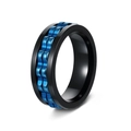 Mens spinner ring featuring black steel band and blue wave gear texture detail - Black Ring + Blue Gear