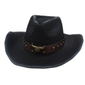 Western black woven straw cowboy hat with vintage bull head metal emblem and leather band - Black (Bull Head Decor)