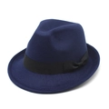 Close-up of dark blue wool fedora hat featuring a classic black ribbon bow detail - M (56-58cm) / Navy Blue