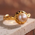 Elegant S925 sterling silver ring with round pearl and gold irregular textured band - Natural Freshwater Pearl Golden Textured Style (LR246)