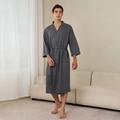 Men's dark gray waffle weave bathrobe with V-neck, waist tie, and front pockets - Gray (Men)