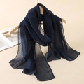 Navy blue lightweight chiffon long scarf with fine hem edges on a wooden hanger - Navy Blue