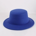 Detail shot of the deep blue wool felt texture and flat brim of the vintage jazz hat - Sapphire Blue