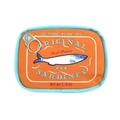 Orange sardine tin shaped makeup bag featuring blue trim and olive oil label design - Orange and Aqua Blue