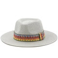 Primo piano dell'anello fedora in paglia grigia con fascia etnica tessuta colorata - M (56-58cm) / Grigio