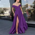Elegant deep purple satin off-shoulder evening dress with high slit and sleek floor-length cut - S / Dresses / Purple
