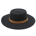 Classic black flat top wool felt fedora hat with brown leather band and gold stud - M (56-58cm) / Black