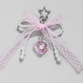 Portachiavi con fiocco in pizzo rosa, perle finte e ciondolo a cuore con stella - Stile Cuore in Pizzo Rosa(LKC029)