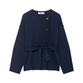 Detail of navy knit cardigan with button closure, waist tie, and fine fabric texture - S / Dark Blue