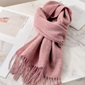 Pink wool scarf with tassel detail displayed on a marble table with magazines - Grey Pink