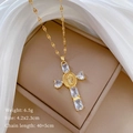 Gold plated cross pendant necklace with virgin mary relief and zircon inlays - Virgin Mary Cross Round Plate Style (C508)