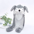 Detail view of soft grey husky plush hat with moving ears and integrated long scarf - Husky