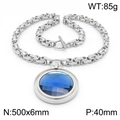 Silver stainless steel chain necklace with large faceted round blue gemstone pendant - Steel Blue Necklace (KN201465-Z)