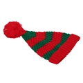 Red and green striped knit Christmas elf hat with a large pom-pom and crochet texture - Red Green Wide Striped Style With Red Ball (P)