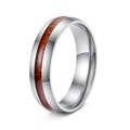 6mm stainless steel ring with polished silver finish and inlaid brown acacia wood grain - US 7 / Silver