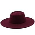 Detailed view of the burgundy wool felt boater hat with a flat top and wide brim design - M (56-58cm) / Burgundy
