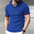 Men's blue waffle polo shirt with hooded design and red-blue plaid sleeve trim - Blue